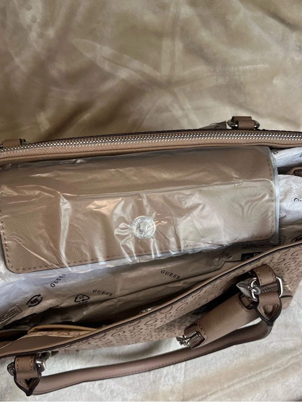 GUESS Blush Taupe Logo-Print Satchel with Round Coin Pouch